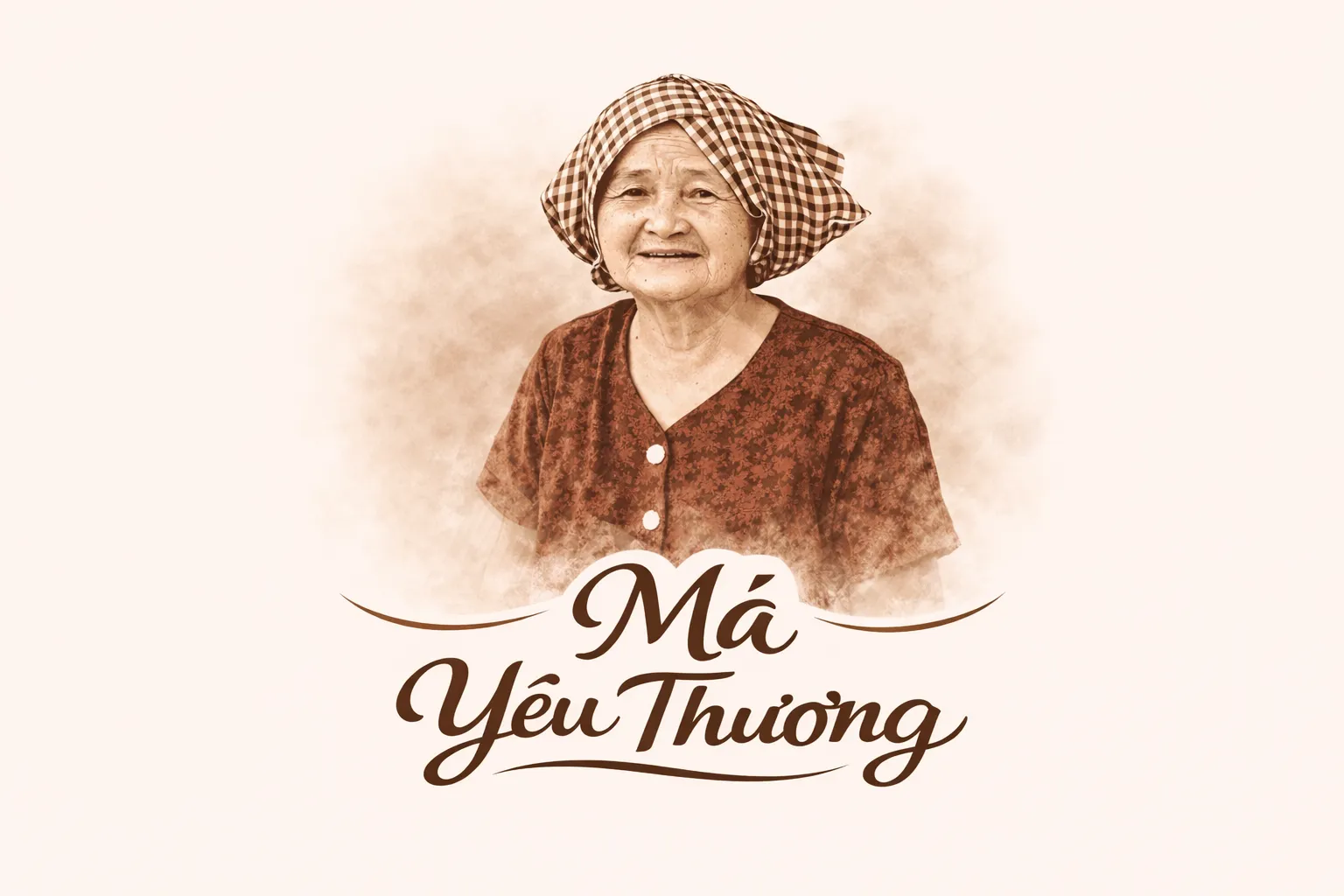 Logo Má Yêu Thương: chân dung một người Má đội khăn rằn, bên dưới là dòng chữ viết tay Má Yêu Thương.